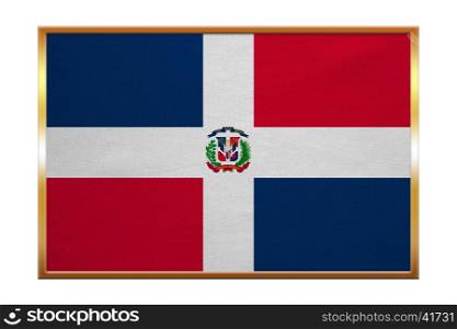 Dominican Republic national official flag. Patriotic symbol, banner, element, background. Correct colors. Flag of Dominican Republic , golden frame, fabric texture, illustration. Accurate size, color