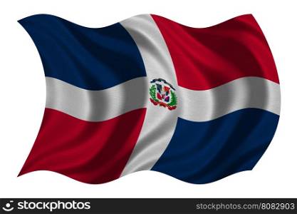 Dominican Republic national official flag. Patriotic symbol, banner, element, background. Correct colors. Flag of Dominican Republic with detailed fabric texture wavy isolated on white 3D illustration