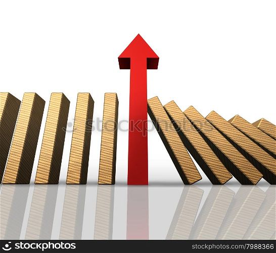 Domino effect success business management concept as an abstract symbol for managing a financial or company crisis by stopping the falling pieces with a red arrow.