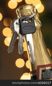 Don&acute;t Drink and Drive - Keys and Champagne in Holiday Abstract Background.