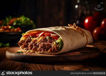 Doner kebab rolls , a shawarma in a pit of fresh vegetables and meat. Concept menus and advertisement. Generative AI