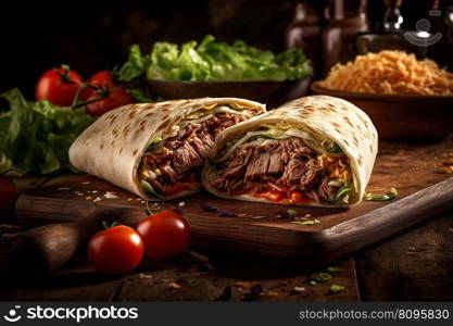 Doner kebab rolls , a shawarma in a pit of fresh vegetables and meat. Concept menus and advertisement. Generative AI