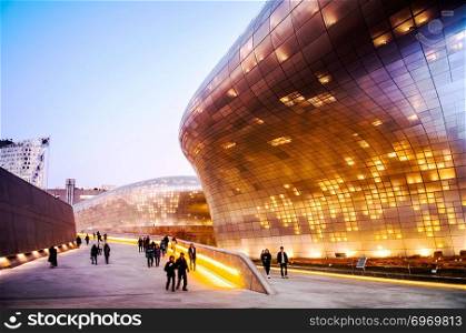 Dongdaemun Design Plaza (DDP)  on 11 Dec 2015, Seoul, South Korea - Famous Landmark was designed by Zaha Hadid and make DDP the largest 3D amorphous structure in the world