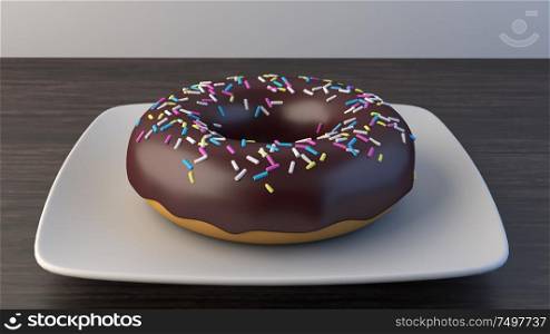 Donut with chocolate glaze and sprinkle on wooden table . 3d rendering .