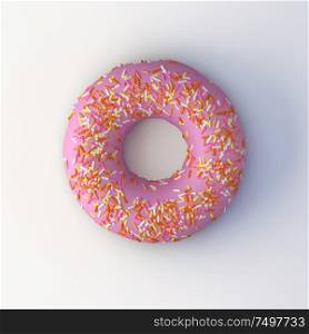 Donut with pink glaze and multicolored sprinkles isolated on white background . 3d rendering .