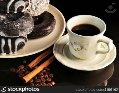 donuts on a plate and cup of coffee