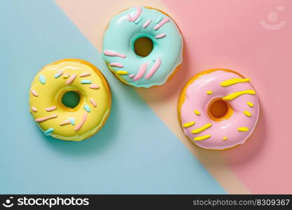 Donuts on bright colorful background. Top view, flatlay. Donuts on colorful background. Top view, flatlay