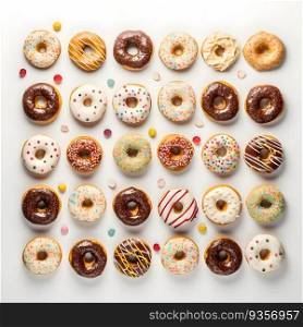 Donuts with icing and sprinkles on a white background. top view