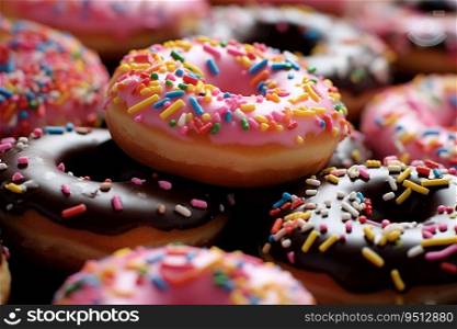 Donuts with multicolored glaze and sprinkles close-up. Donuts with frosting close-up