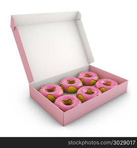 Donuts with pink icing. Donuts with pink icing in the box. 3d rendering.