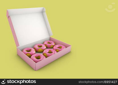 Donuts with pink icing in the box. 3d rendering.