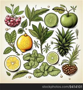 Doodle fruits. Natural tropical fruit, doodles citrus orange and vitamin lemon. Vegan kitchen apple hand drawn, organic fruits or vegetarian food