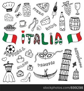 Doodle hand drawn collection of Italy icons. Italy culture elements for design. Vector set. Italia lettering in italian language. Doodle hand drawn collection of Italy icons. Italy culture elements for design. Vector travel set. Handwriting Italia lettering in italian language - Italy