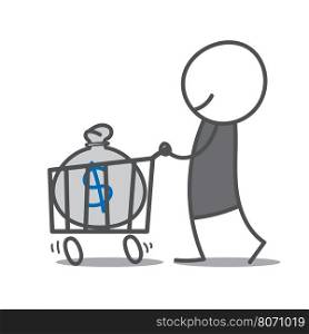 Doodle man pushing shopping cart with bag of money.