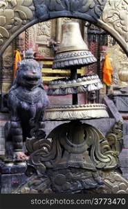 Door and lion of temple Changu Narayan, Nepal