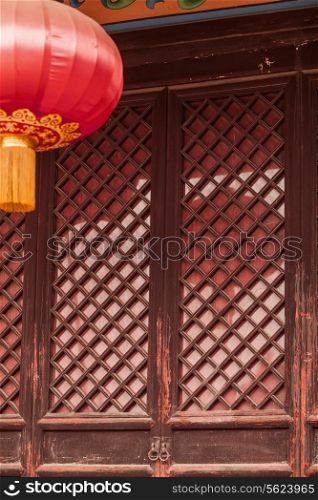 Door and red lantern of Chinese pagoda, Shanxi Province, China