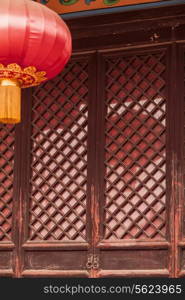 Door and red lantern of Chinese pagoda, Shanxi Province, China