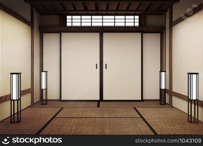Door and tatami mat on wall empty background Japanese style. 3D rendering