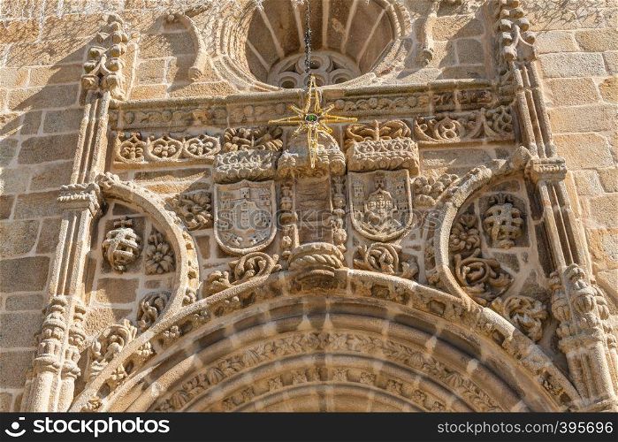 Door arch details on the Parish church in the main square of the town of Vila Nova de Foz Coa, Portugal