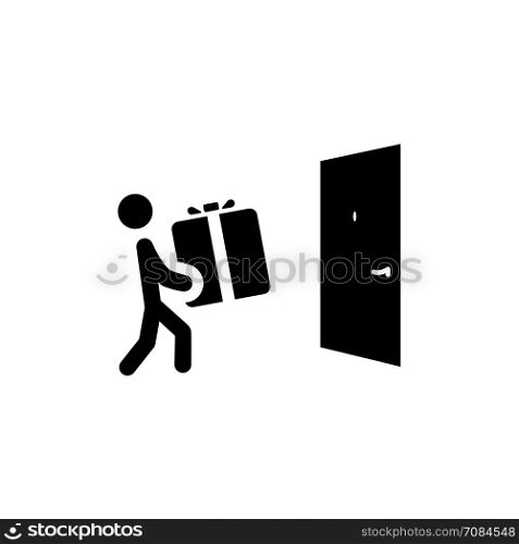 Door Delivery Icon. Flat Design.. Door Delivery Icon with Man and Box Isolated Illustration