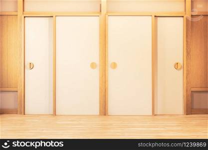 Door design on Empty room white on wooden floor japanese interior design.3D rendering