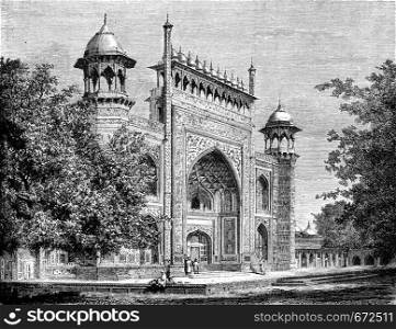 Door gardens of the Taj Mahal, Agra, vintage engraved illustration. Le Tour du Monde, Travel Journal, (1872).