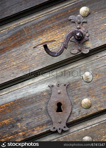 door handle and hardware. rusty door handle at an old wooden door