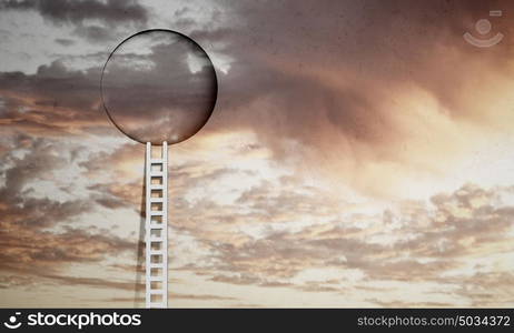 Door in blue sky. Imaginary image of ladder leading to circle door in sky