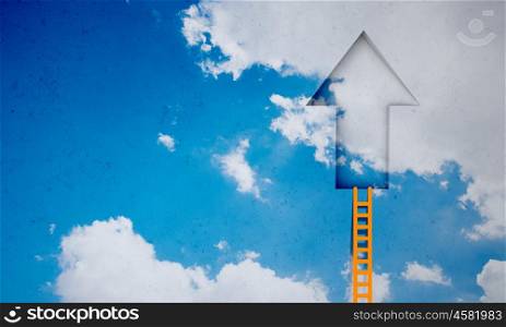 Door in blue sky. Imaginary image of ladder leading to door in sky