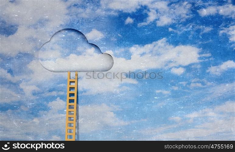 Door in blue sky. Imaginary image of ladder leading to door in sky