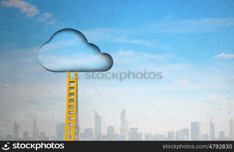 Door in blue sky. Imaginary image of ladder leading to door in sky