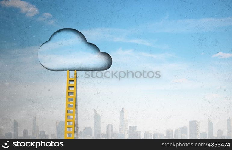 Door in blue sky. Imaginary image of ladder leading to door in sky