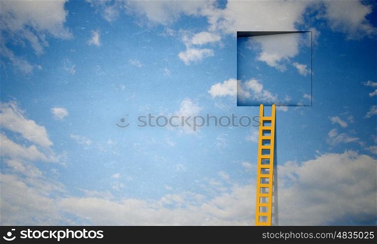 Door in blue sky. Imaginary image of ladder leading to square door in sky