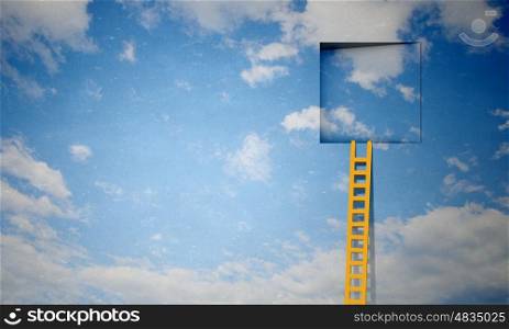 Door in blue sky. Imaginary image of ladder leading to square door in sky