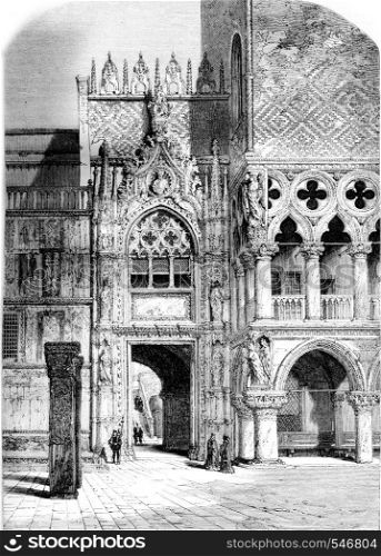 Door of the Ducal Palace in Venice, vintage engraved illustration. Magasin Pittoresque 1861.