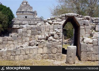 Door of the temple and Caracol in Chichen Itza, Mexico