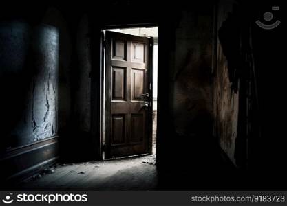door to haunted abandoned building creaking open, with dim light shining from within, created with generative ai. door to haunted abandoned building creaking open, with dim light shining from within