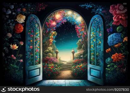 door to heaven, with view of colorful and vibrant garden, where the deceased are greeted by their loved ones, created with generative ai. door to heaven, with view of colorful and vibrant garden, where the deceased are greeted by their loved ones