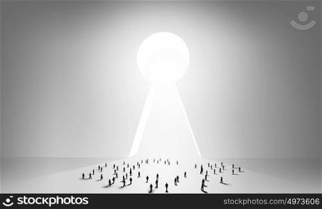 Door to new opportunities. Many silhouettes of people and keyhole doorway