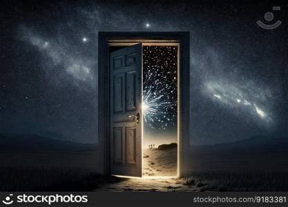 door, with heavenly light shining through, against starry night sky, created with generative ai. door, with heavenly light shining through, against starry night sky
