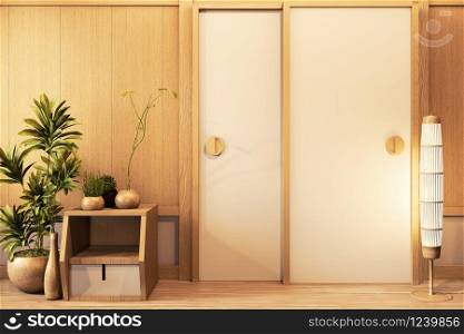 Door wooden and cabinet wooden design on Empty room white on wooden floor japanese interior design.3D rendering