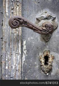 Doorhandle with a duckhead. rusty doorhandle with a duck head on an old wooden door