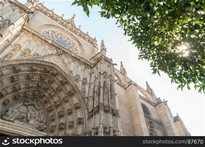 Doorway of Seville cathedral Andalusia Spain view from below.