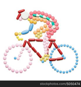 Doping drugs and pills in the shape of a road bicycle racer on a bike.