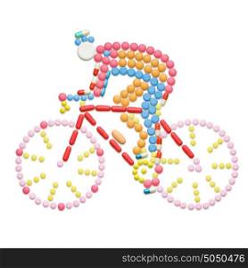 Doping drugs and pills in the shape of a road bicycle racer on a bike.