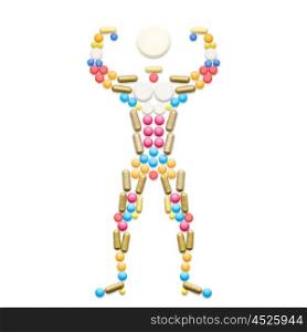 Doping drugs and steroid hormones in the shape of a posing muscular bodybuilder.