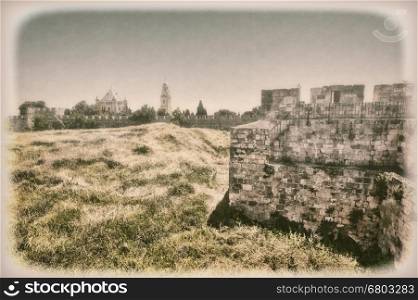 Dormition Abbey on Mount Zion in Jerusalem. Old City of Jerusalem, Israel. The green hill surrounded by the ramparts with the Dormition Abbey. Vintage Style Toned Picture
