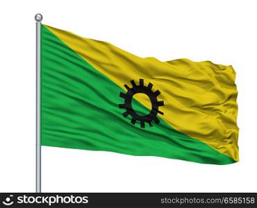 Dosquebradas City Flag On Flagpole, Country Colombia, Risaralda Department, Isolated On White Background. Dosquebradas City Flag On Flagpole, Colombia, Risaralda Department, Isolated On White Background