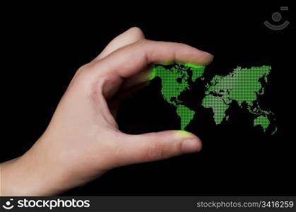 Dot World map business background. Hand holding World map