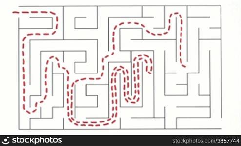 Dotted line works its way through a maze, stopping and backtracking when it reaches dead ends, then finishes.